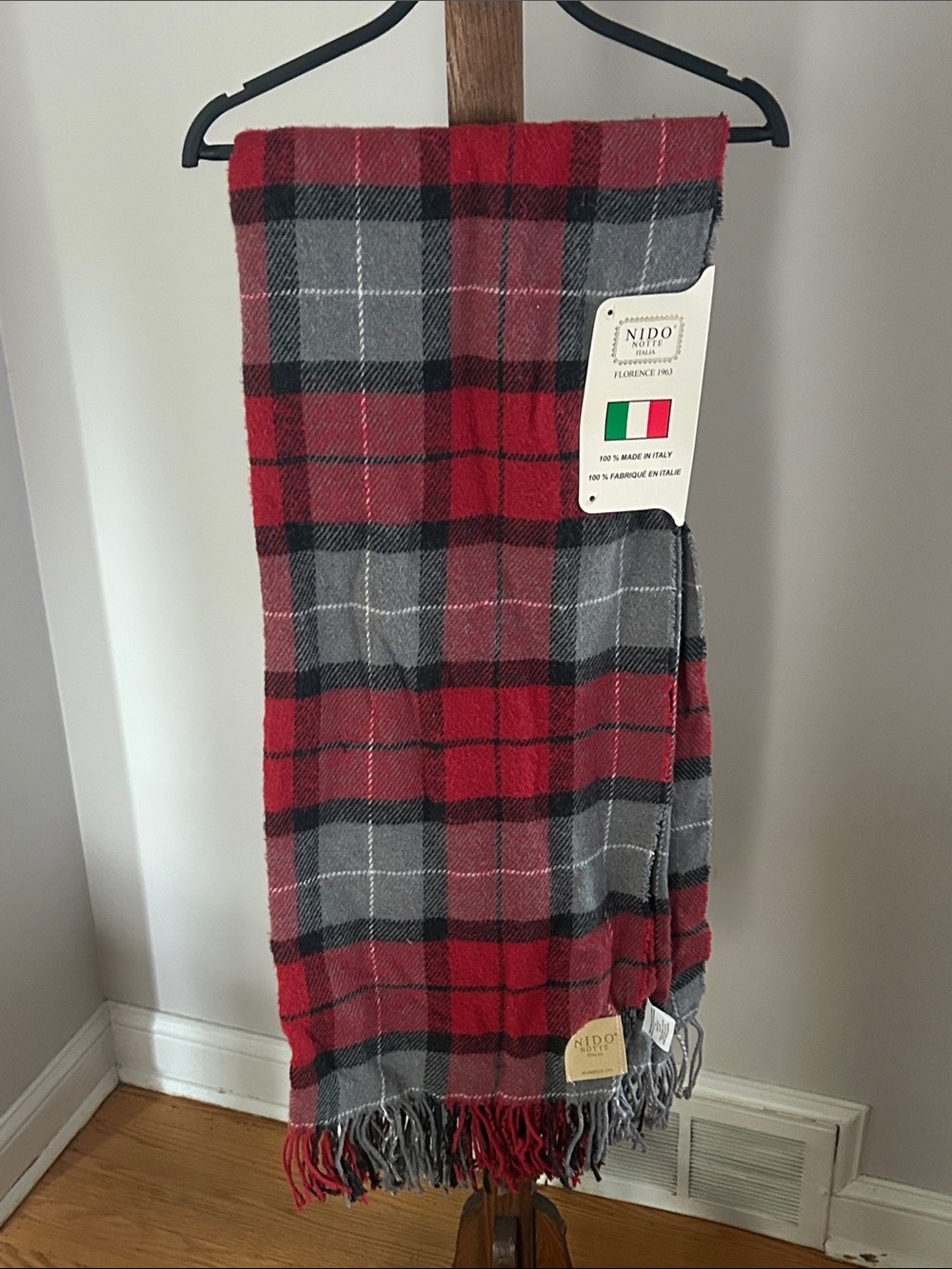 NIDO Italian Plaid Fringe Scarf Wrap - Red & Gray